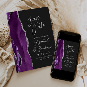 Save The Date Suite de mariage violet argent foncé Agate Script