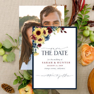 Save The Date Sunflower Blue Burgundy Script Mariage photo