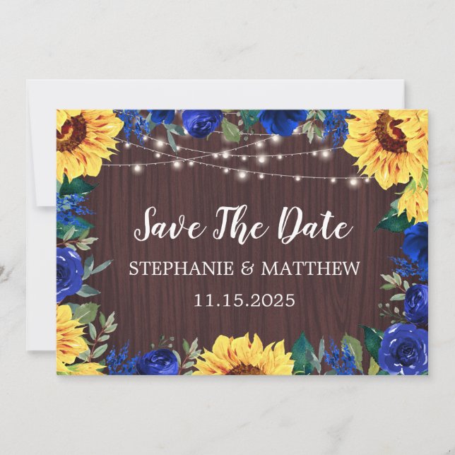 Save The Date Sunflower Blue Floral Bois Mariage Enregistrer La  (Devant)