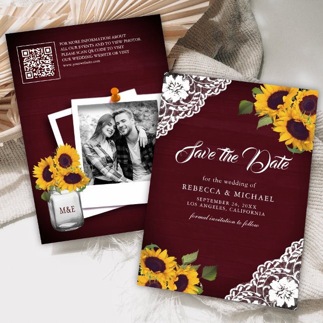Save The Date Sunflower Bourgogne Photo QR Code Mariage (Créateur téléchargé)