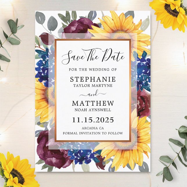 Save The Date Sunflower Burgundy Marine Floral Mariage frontière (Créateur téléchargé)
