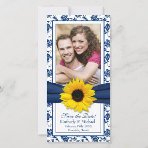 Save The Date Sunflower Navy Blue Floral Mariage damassé