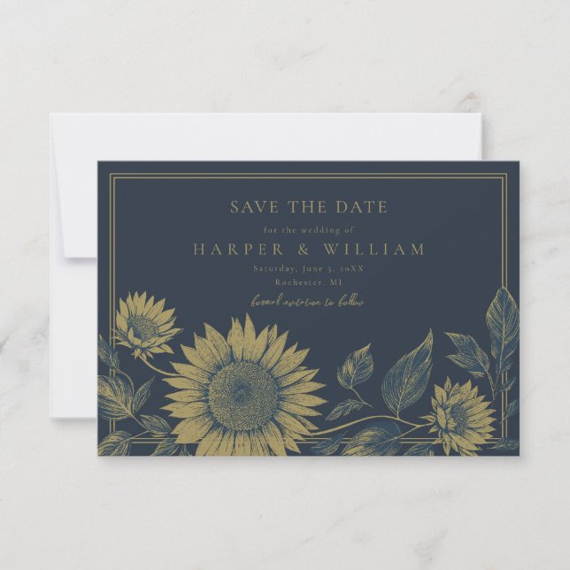 Save the date sunflower navy blue invitation (Front)