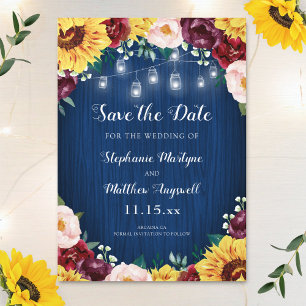 Save The Date Sunflower Navy Blue Mason Jar Lumières Mariage