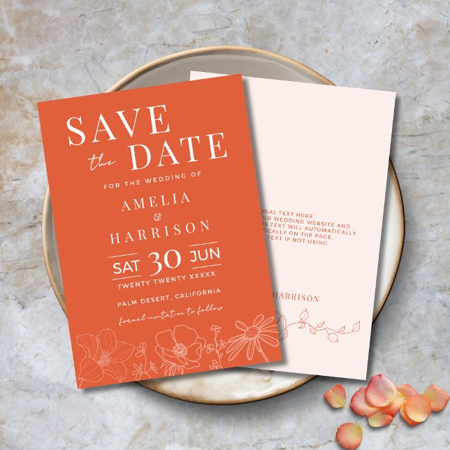 Save The Date Sunset Orange Mariage élégant (Sunset Orange Elegant Wedding Save the Date Invitation with Modern Typography, Delicate Flowers)