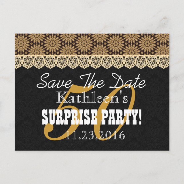 Save the Date SURPRISE 50th Birthday A003 GOLD Announcement Postcard (Front)
