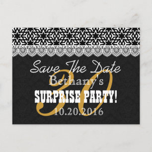 Save the Date SURPRISE Birthday V003 BLACK WHITE Announcement Postcard