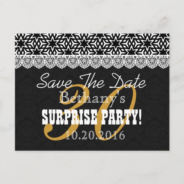 Save the Date SURPRISE Birthday V003 BLACK WHITE Announcement Postcard (Front)