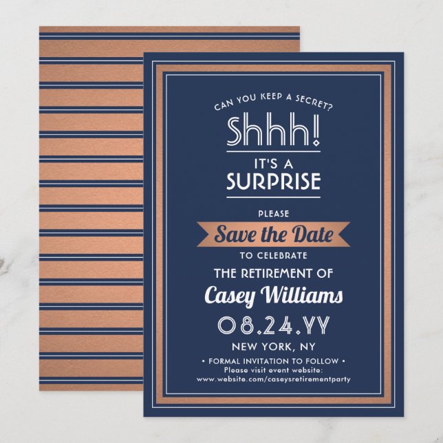 Save The Date Surprise Retraite Party Marine Bleu Blanc & Cuivre (Devant / Derrière)