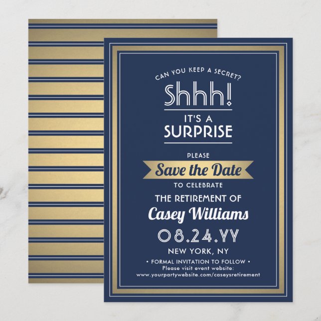 Save The Date Surprise Retraite Party Shhh ! Marine bleu et or (Devant / Derrière)
