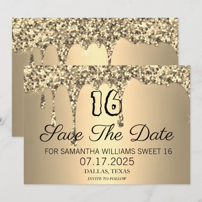Save The Date Sweet 16 Anniversaire Gold Sparkle Parties scintil (Devant / Derrière)