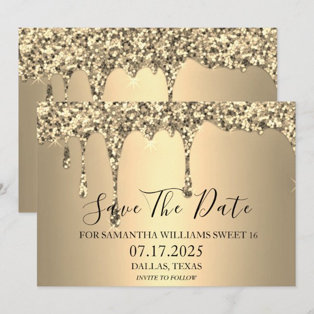 Save The Date Sweet 16 Anniversaire Soirée Gold Parties scintill (Devant / Derrière)
