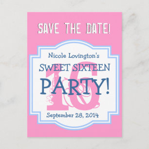 Save the Date Sweet 16 Birthday Party V001 PINK Announcement Postcard