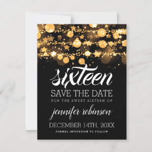 Save The Date Sweet 16 Date d'enregistrement Gold Sparkling Ligh