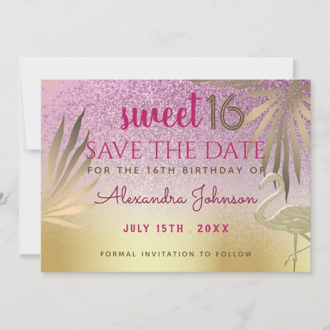 Save The Date Sweet 16 Enregistrer la date Flamant rose rose et  (Devant)