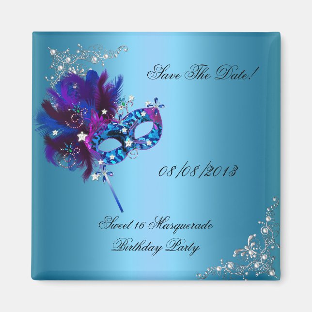 Save The Date Sweet 16 Masquerade Blue Magnet (Front)