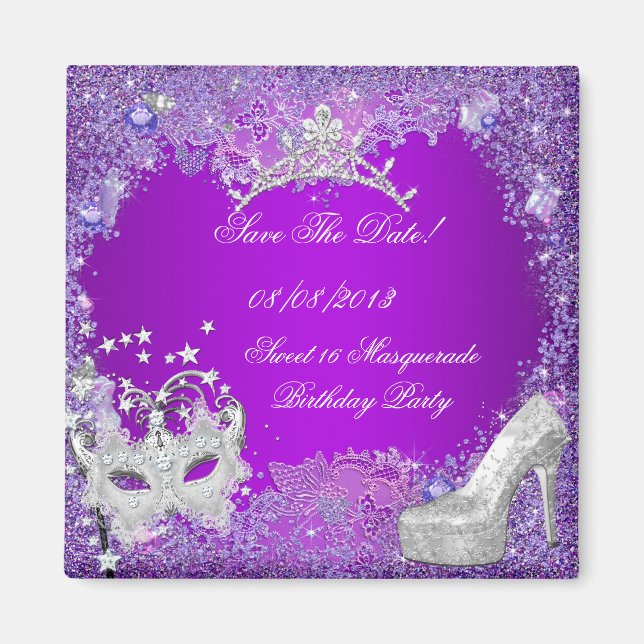 Save The Date Sweet 16 Masquerade Purple Pink Magnet (Front)