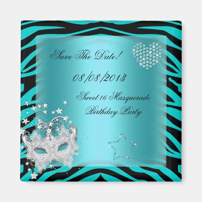 Save The Date Sweet 16 Masquerade Teal Zebra Magnet (Front)