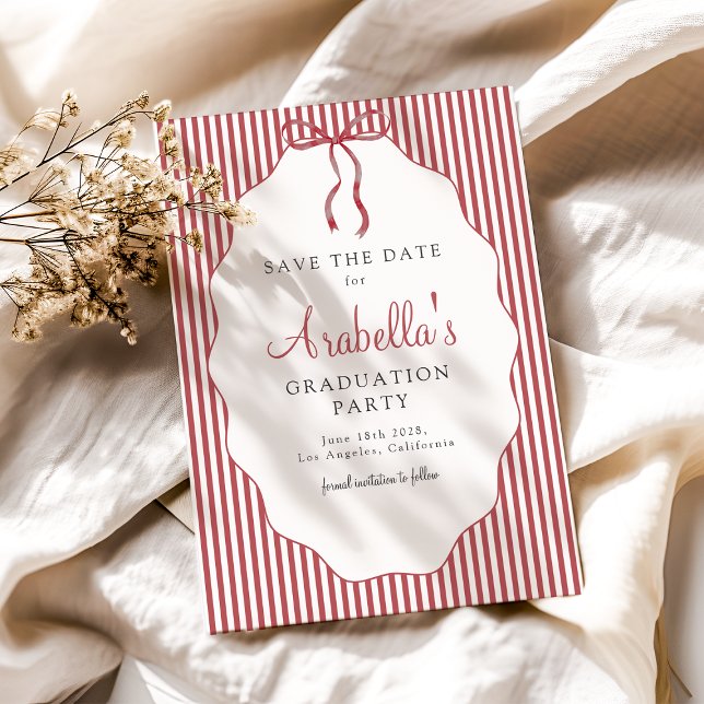 Save The Date Sweet Pinstriped Red Bow Graduation (Créateur téléchargé)