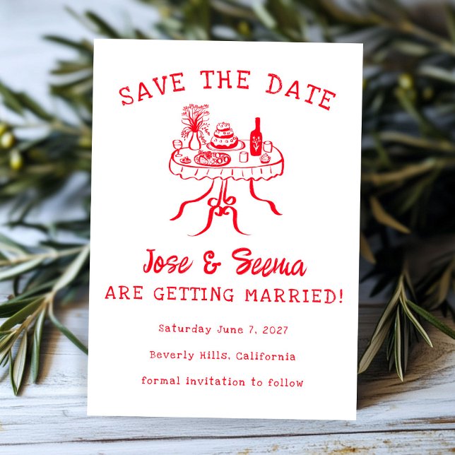 Save The Date Table de dîner en buffet dessin à la main mignon p (Buffet Dinner Table Hand Drawn Cute Sweet Custom Save The Date
)
