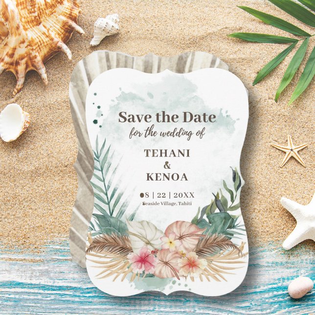Save The Date Tahiti | Aquarelle tropicale Palm Feuilles & Fleur (Créateur téléchargé)