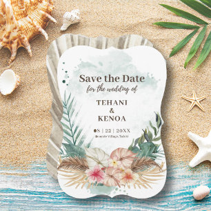 Save The Date Tahiti   Feuilles de palmier et fleurs à l'aquarel