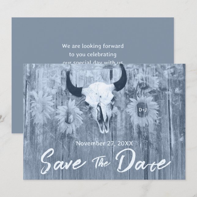 Save The Date Taureau bleu rustique Dusty (Devant / Derrière)