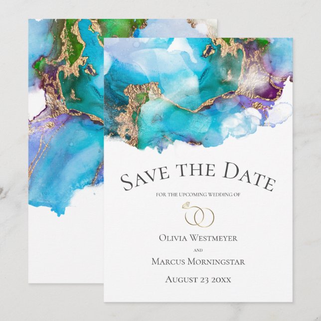 Save the Date Teal Abstract Amethyst Gold Ink Invitation (Front/Back)
