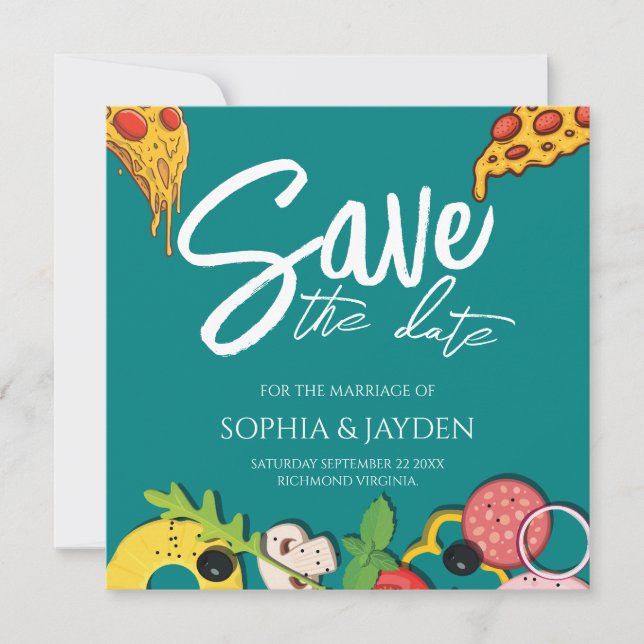 Save The Date Teal Green Blue PIZZA Modern Chic (Front)