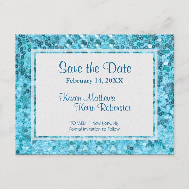 Save the Date | Teal Sequins Announcement Postcard (Front)