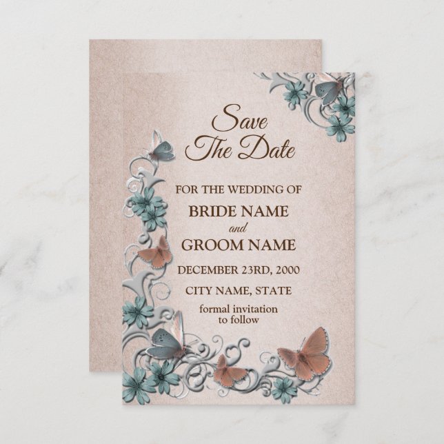 Save The Date Teal Silver Floral Copper Butterfly Tan Wedding (Devant / Derrière)