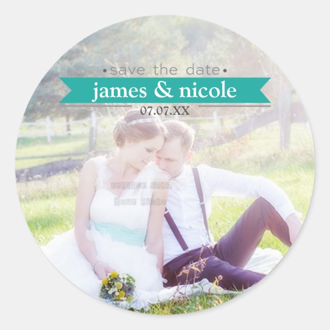 SAVE THE DATE Teal Wedding Photo Sticker (Front)