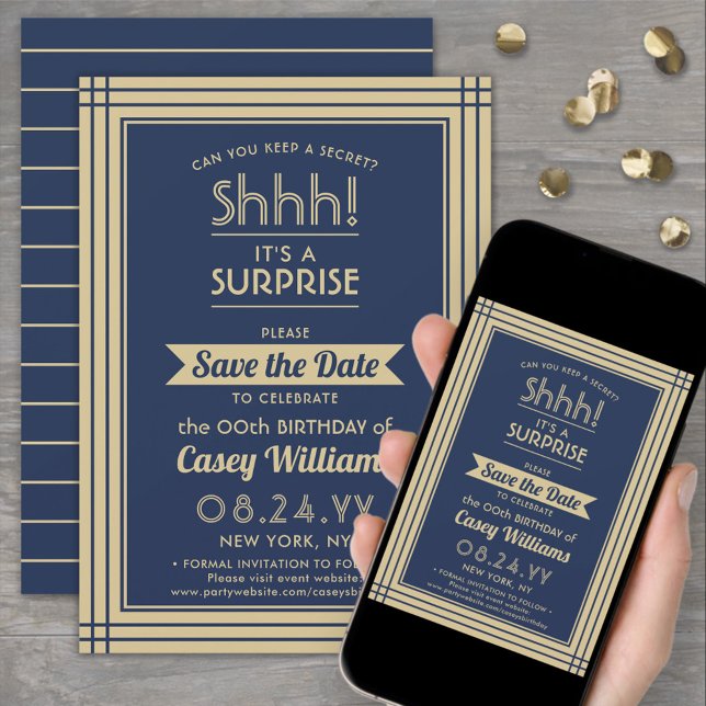 Save The Date Téléchargeable Surprise Birthday Navy Blue and Gol (Créateur téléchargé)