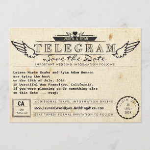 Save The Date Telegram Vintage voyage Winged Heart Enregistrer l