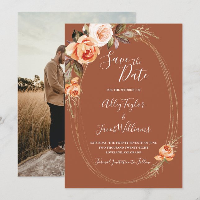 Save The Date Terracotta Boho Fall Floral Photo Mariage (Devant / Derrière)