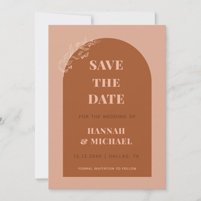 Save The Date Terracotta & Crème Boho Arch minimaliste Botanique (Devant)