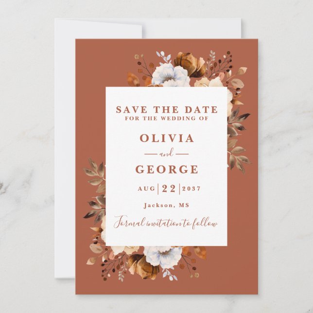 Save The Date Terracotta Fall Rustic Aquarelle Florale Mariage (Devant)