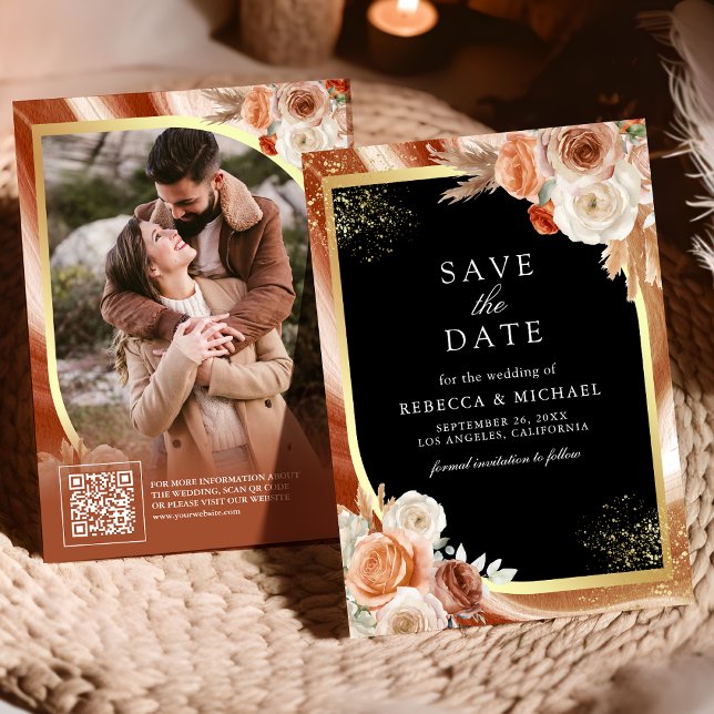 Save The Date Terracotta Floral Black Gold QR Code Photo Mariage (Créateur téléchargé)