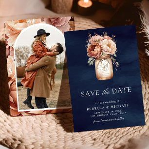 Save The Date Terracotta Floral Bleu Marine Photo Mariage