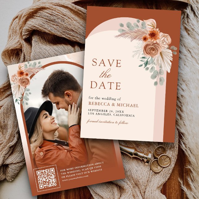 Save The Date Terracotta Floral Boho Pampas Arch Photo QR Code (Créateur téléchargé)