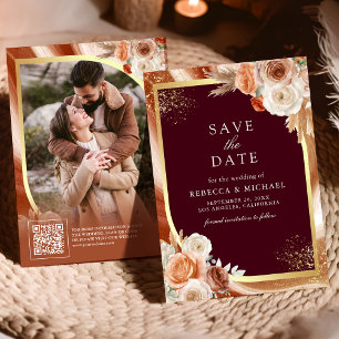 Save The Date Terracotta Floral Burgundy QR Code Photo Mariage