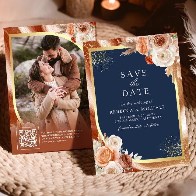Save The Date Terracotta Floral Navy Blue QR Code Photo Mariage (Créateur téléchargé)