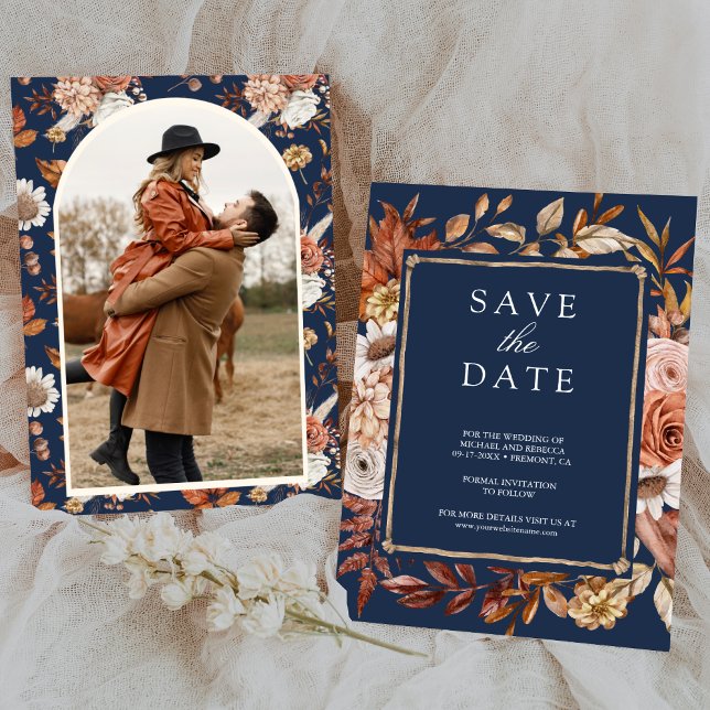 Save The Date Terracotta Floral Photo Marine Mariage bleu (Créateur téléchargé)