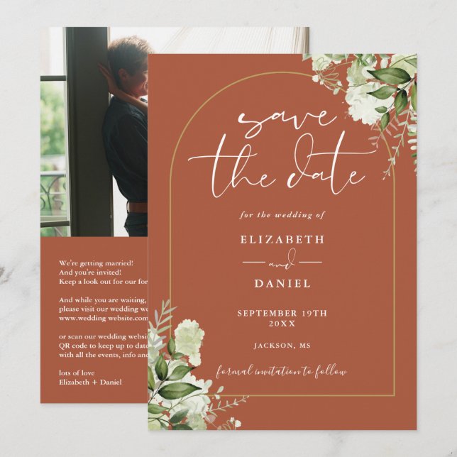 Save The Date Terracotta Foliage Gold Arch Photo QR Code Mariage (Devant / Derrière)