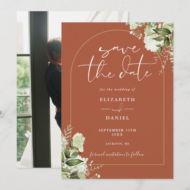 Save The Date Terracotta Greenery Gold Arch Mariage photo (Devant / Derrière)