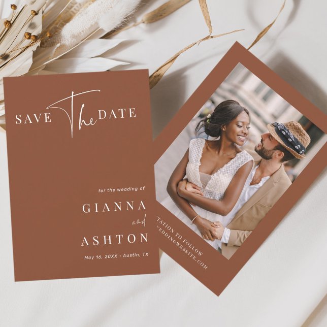 Save The Date Terracotta Moderne Calligraphie Mariage Photo (Créateur téléchargé)