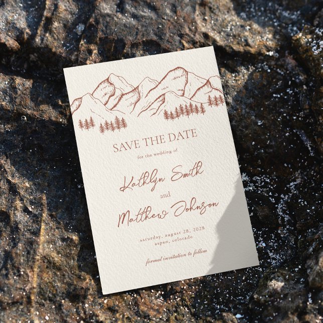 Save The Date Terracotta Mountain Pine Tree Mariage extérieur (Créateur téléchargé)