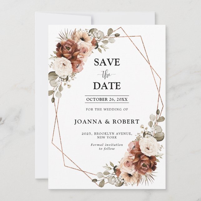Save The Date Terracotta Pampas Grass Russe Mariage géométrique (Devant)