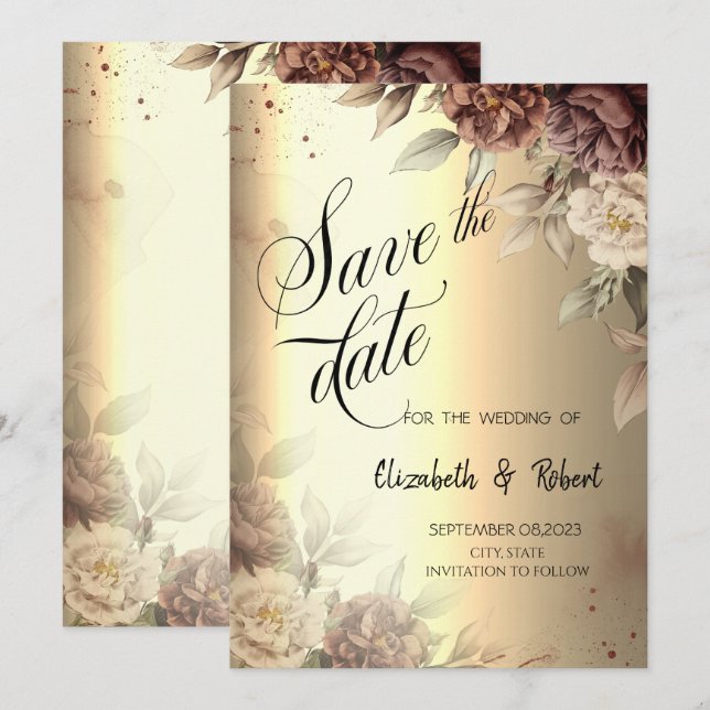 Save The Date Terracotta Roses Élégant Script Or Enregistrer La  (Devant / Derrière)