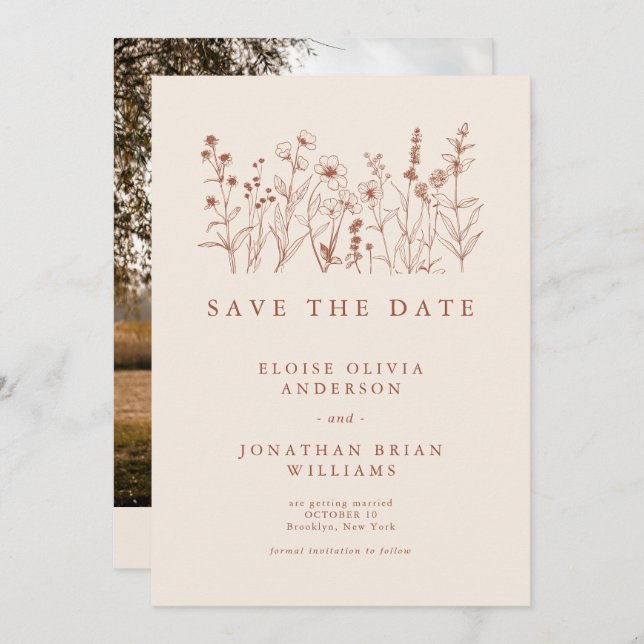 Save The Date Terracotta Rustic Floral Fall Fleur sauvage Photo (Devant / Derrière)